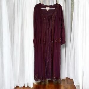 April Cornell Vintage Beaded Duster Dress Maroon Mother of Bride Overlay Set Med